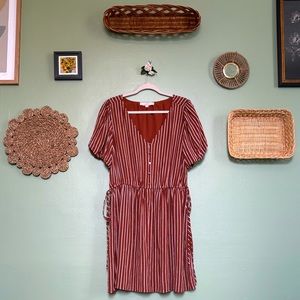 NWOT - Loft Mini Flare Orange Striped Dress - Gold Buttons & Side Ties - Size 14